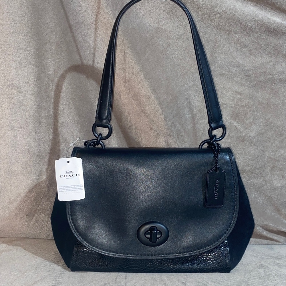 COACH Faye Black Refined Calf leather buffalo embossed leather & suede satchel 🆕